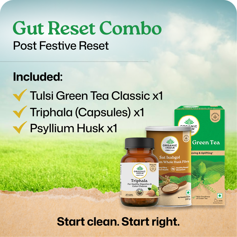 Gut Reset Combo -Tulsi Green Tea, Triphala Capsules & Psyllium Husk