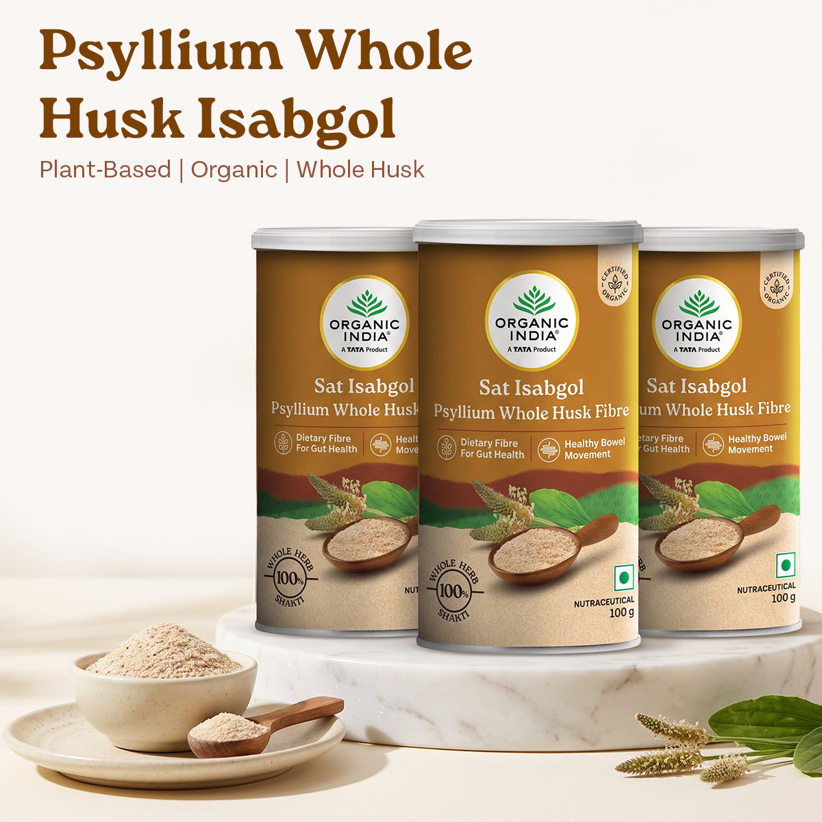 Organic India Psyllium Whole Husk Isabgol 100 G Pack of 3 Combo